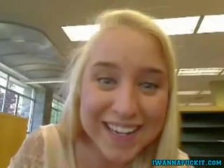 Tempting blonde teen masturbates pussy in library and squirts