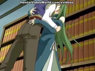 Green-haired hentai femme fatale whanged in a library